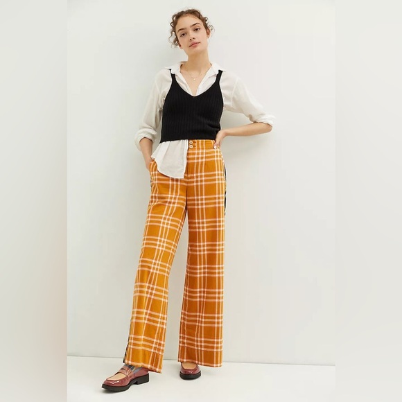 Anthropologie by Maeve Plaid Wide-Leg Pants in Orange and Black - Picture 2 of 13